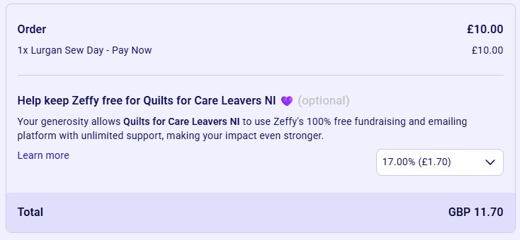 Zeffy payment page showing the standard fee options