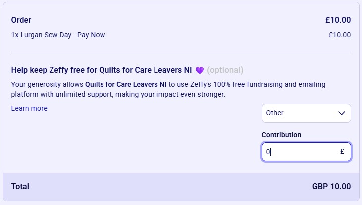 Zeffy payment page showing the Other option to attend without a fee